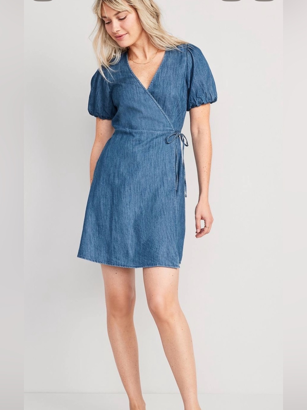 OLD NAVY Waist-Defined Puff-Sleeve Mini Dress medium wash